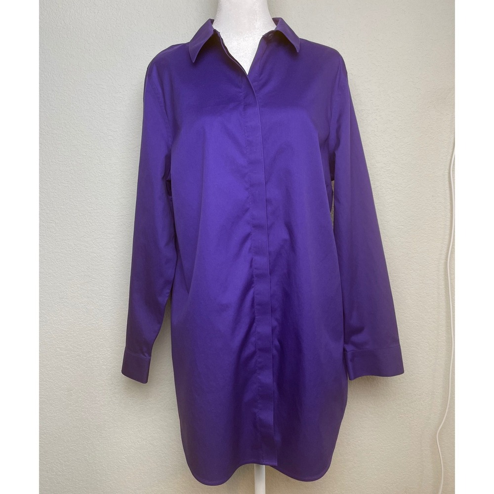 Chicos No-Iron Button Down Tunic Shirt Purple Long Sleeve Hidden‎ Placket Size 2
